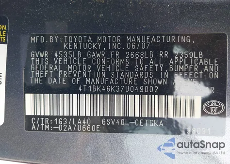 2007 Toyota Camry Xle V6 из США, поврежденный, VIN 4T1BK46K37U049002